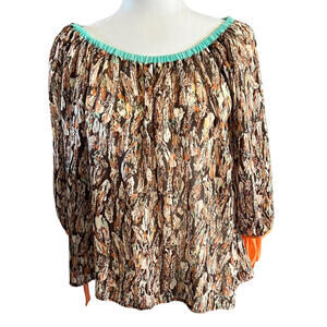 UMGEE Boho Leaf Pattern Sheer Tie-Sleeve Blouse – Teal and Brown, Women’s Small